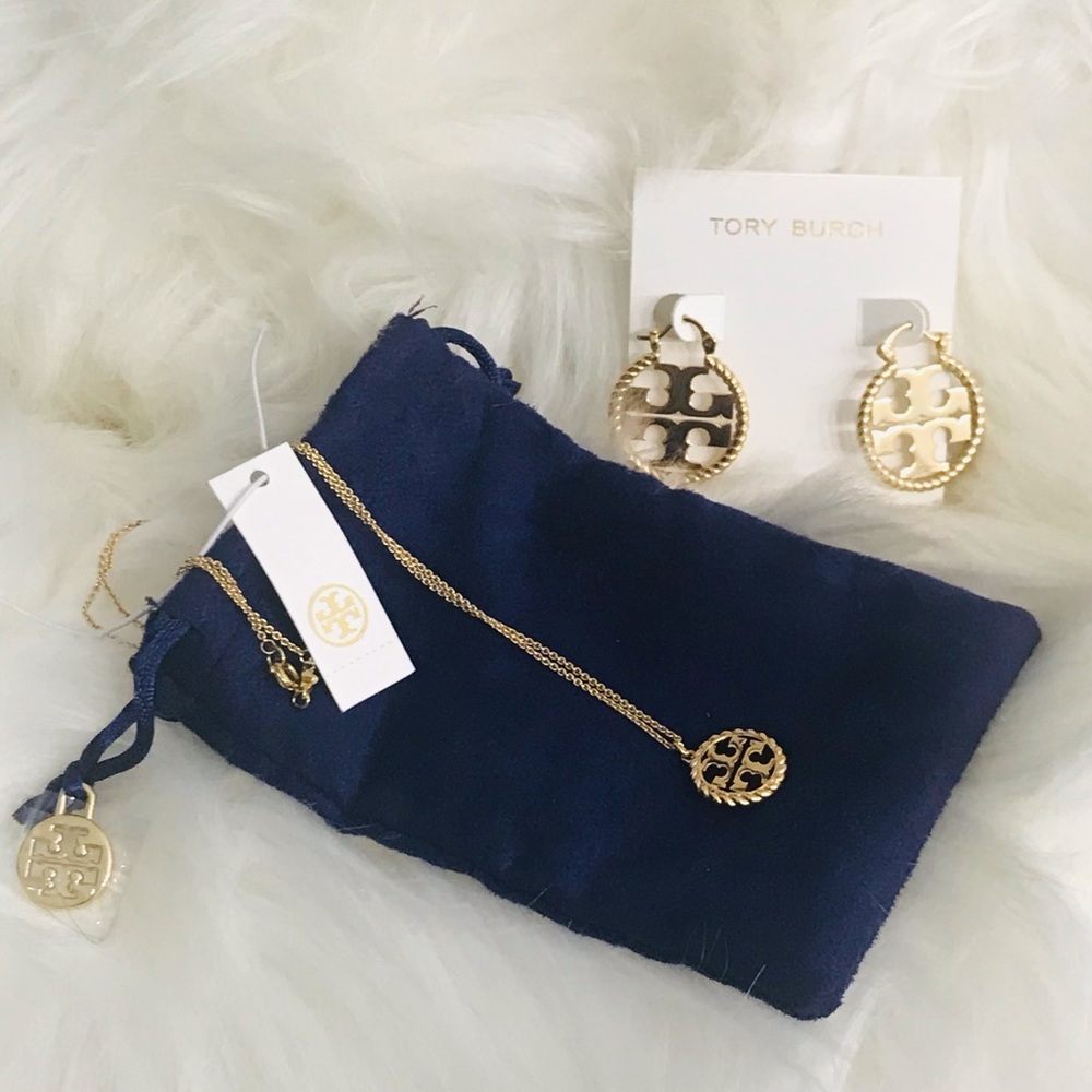 Set:Tory Burch Rope Logo Hoop Earrings and Necklace
